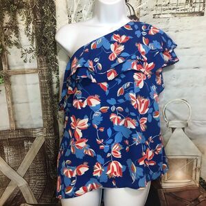 Rose & Olive One shoulder ruffle patriotic floral top blouse med red, white blue